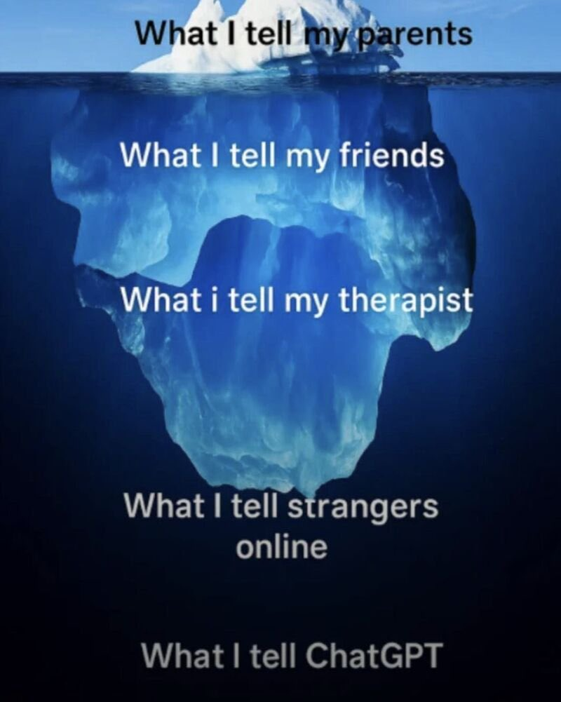 Meme about what I tell my parents. friends, therapists, strangers online, and ChatGPT arranged as iceberg levels